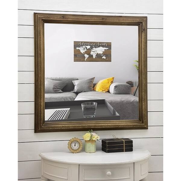 Square Accent Wood Wall Mirror,Farmhouse Style, 32" x 32" ,Brown Bed